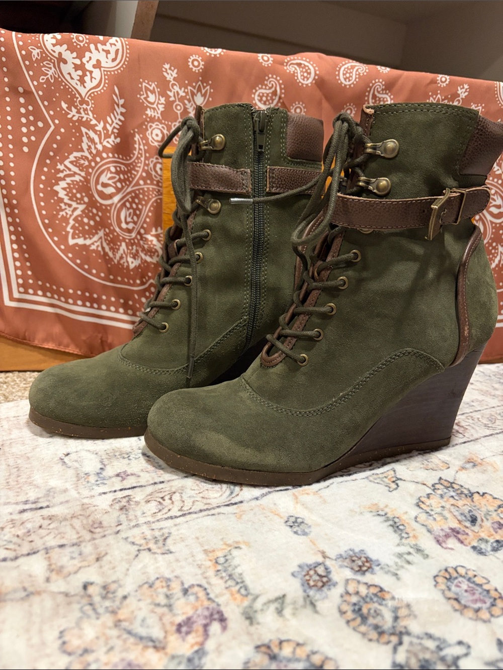 Dr. Scholl's Olive Green Lace-Up Wedge Ankle Boots